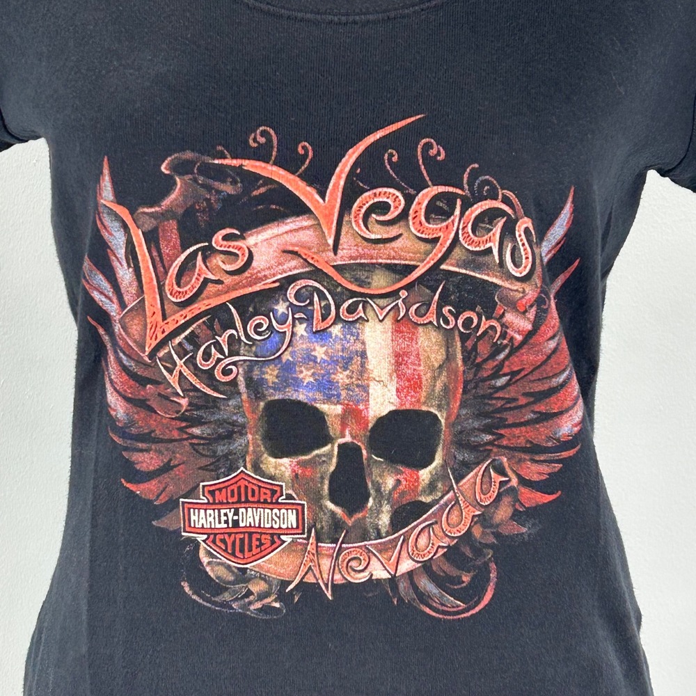 Harley Davidson Las Vegas Skull Flag Graphic T Shirt Womens Large Black Cotton - Picture 4 of 7